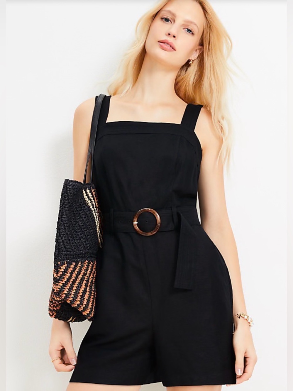 LOFT Black Sleeveless Romper with Belted Detail